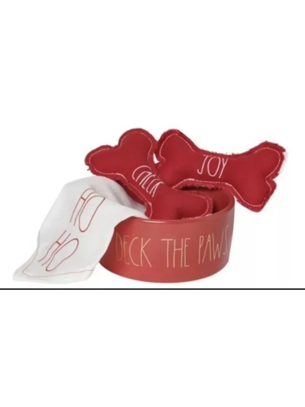 Rae Dunn Dog Food Bowl Christmas Gift Set “DECK THE PAWS” W/ Pet Bandanna & Toy